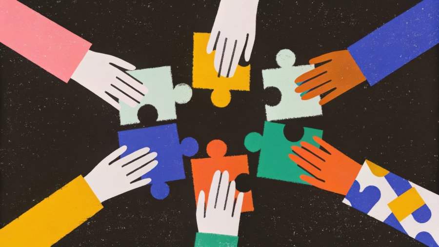 A graphic of multicultural hands contributing to a puzzle