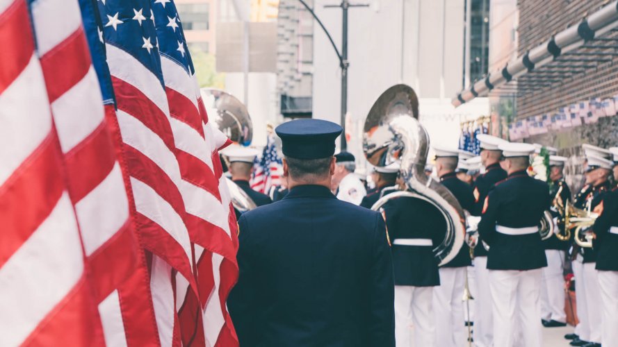 Photo of Military Brass Band with U.S.Flags
